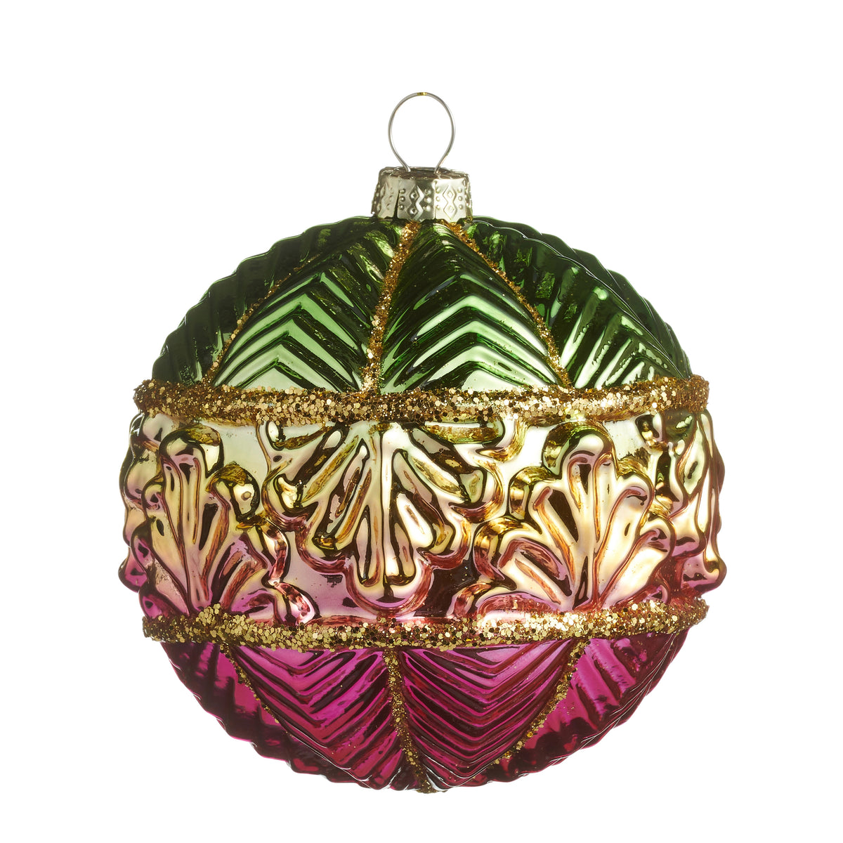 4-inch glass ball ornament with green, gold, and pink sections and glitter accents.