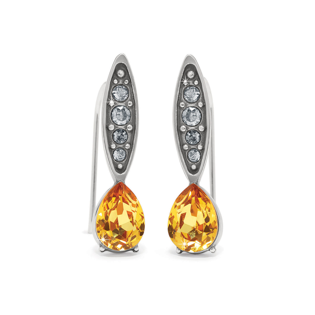 Silver-plated French wire earrings with clear crystals and a teardrop-shaped yellow crystal drop.