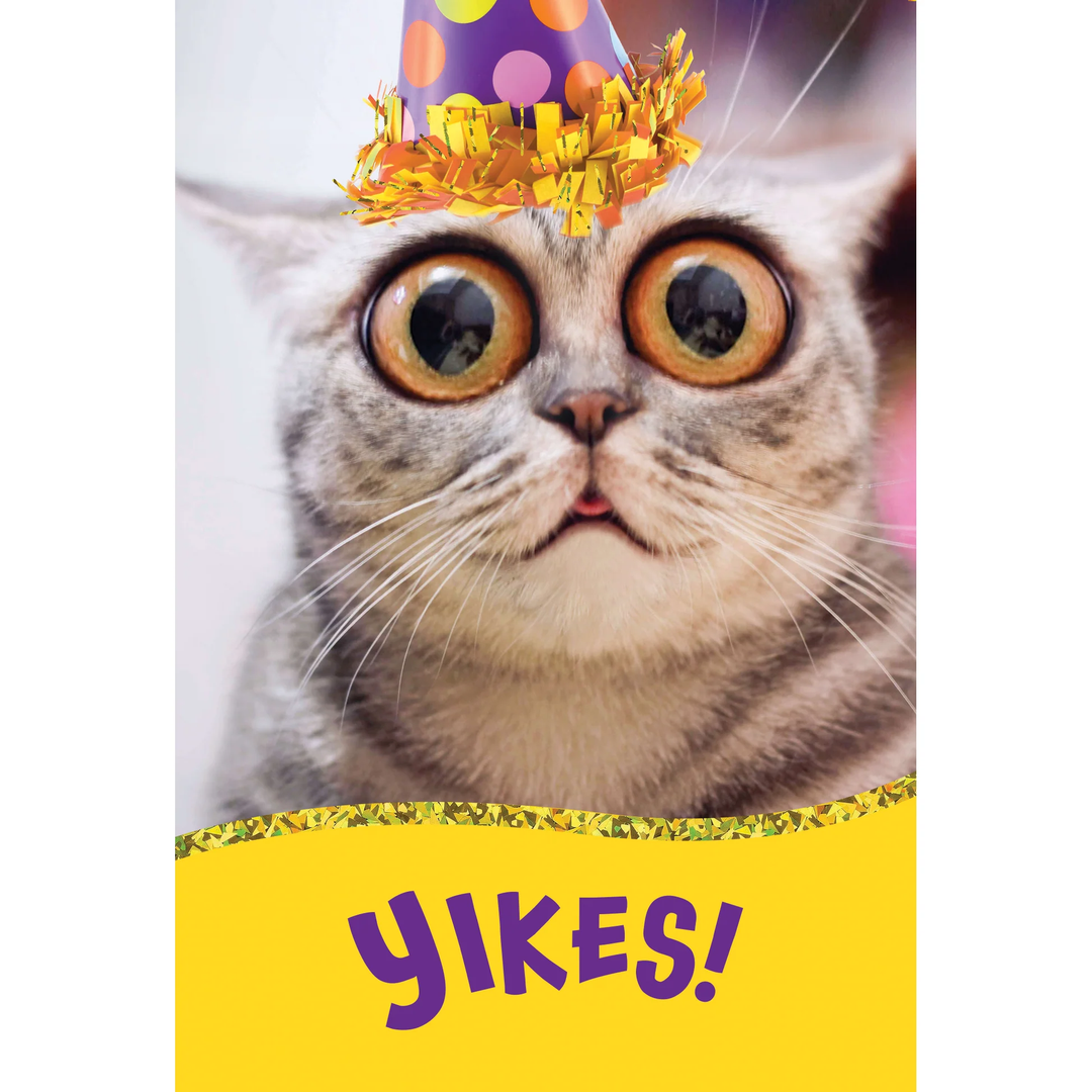 Birthday card featuring a surprised cat with many candles on foil background