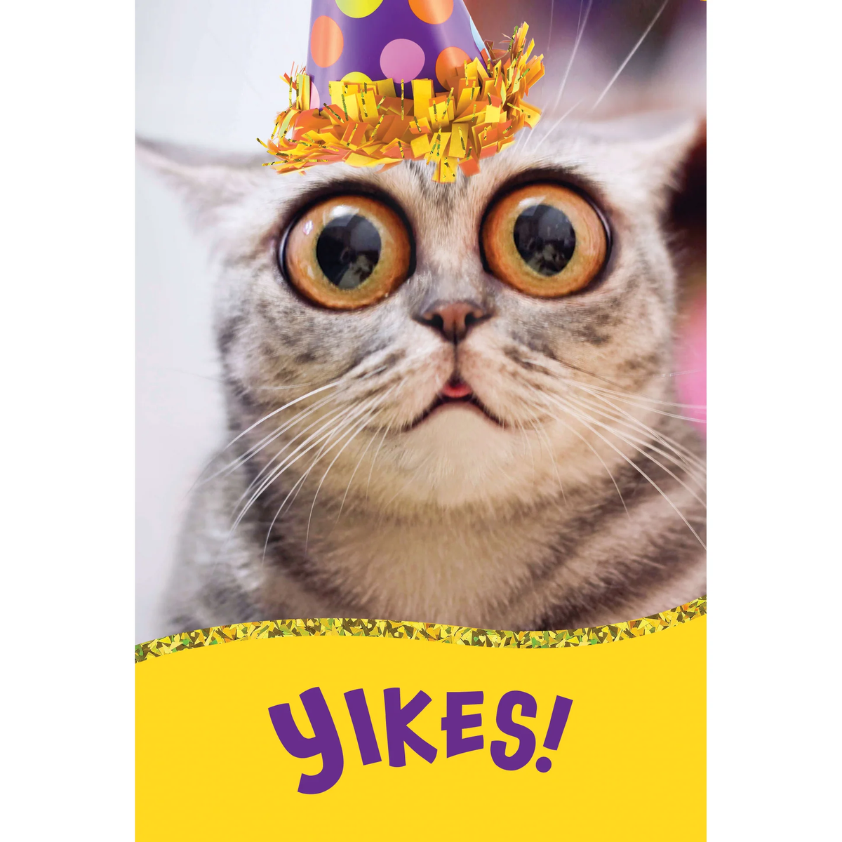 Birthday card featuring a surprised cat with many candles on foil background