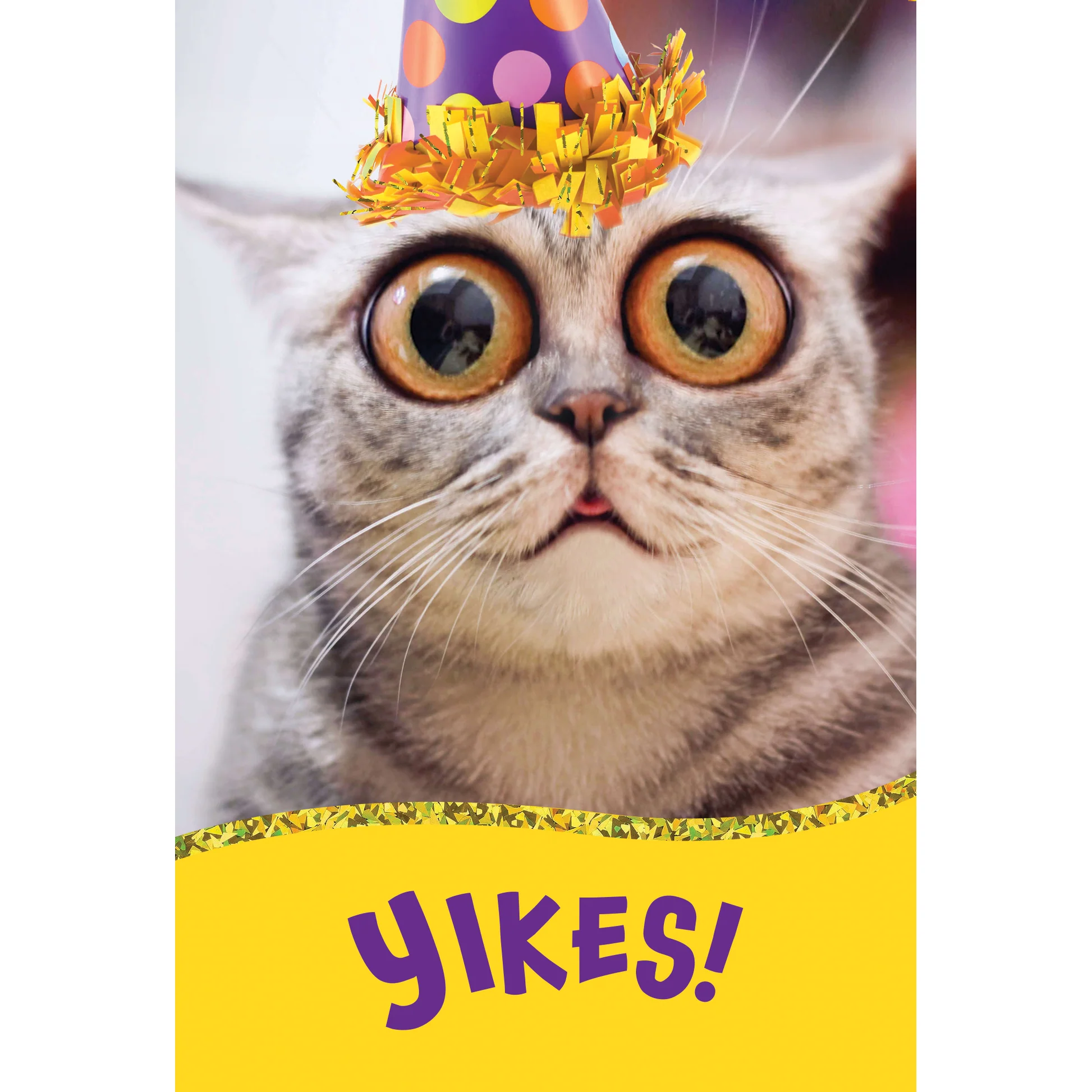 Birthday card featuring a surprised cat with many candles on foil background