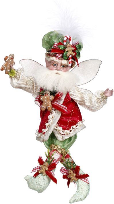 Gingerbread House Fairy figurine with red hat, green dress, brown boots, and candy cane staff.