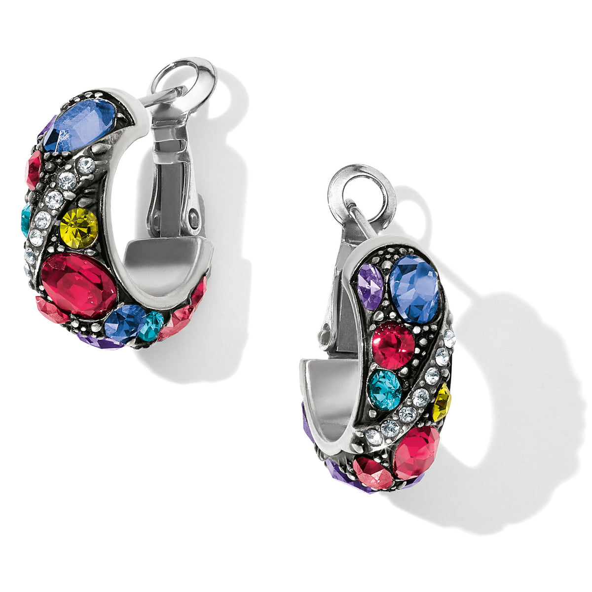 Silver-plated hoop earrings with lever backs featuring multi-colored fine-quality crystals.