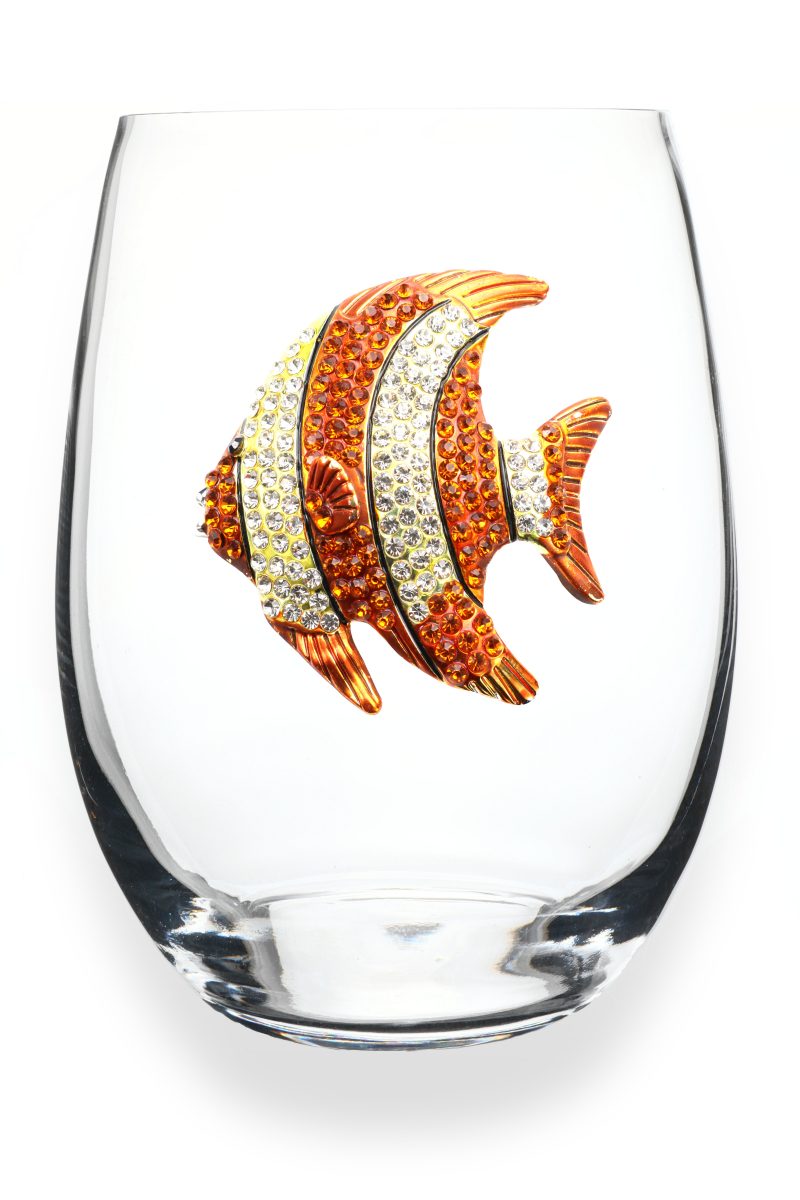 Handcrafted stemless wine glass with jeweled embellishments around the rim in clear crystal.