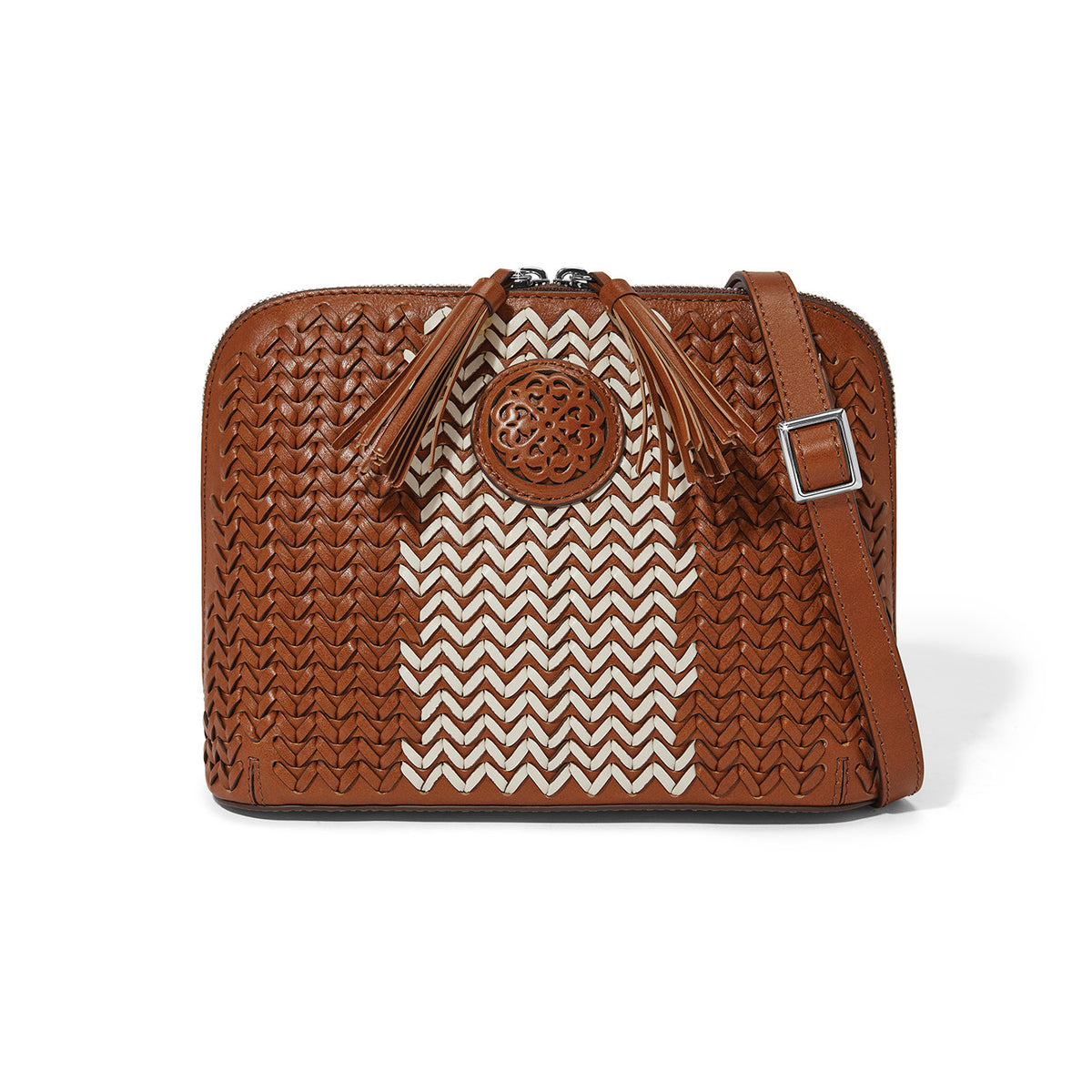 Russet leather Elma Domed Organizer with woven chevron pattern, tassels, and adjustable strap.