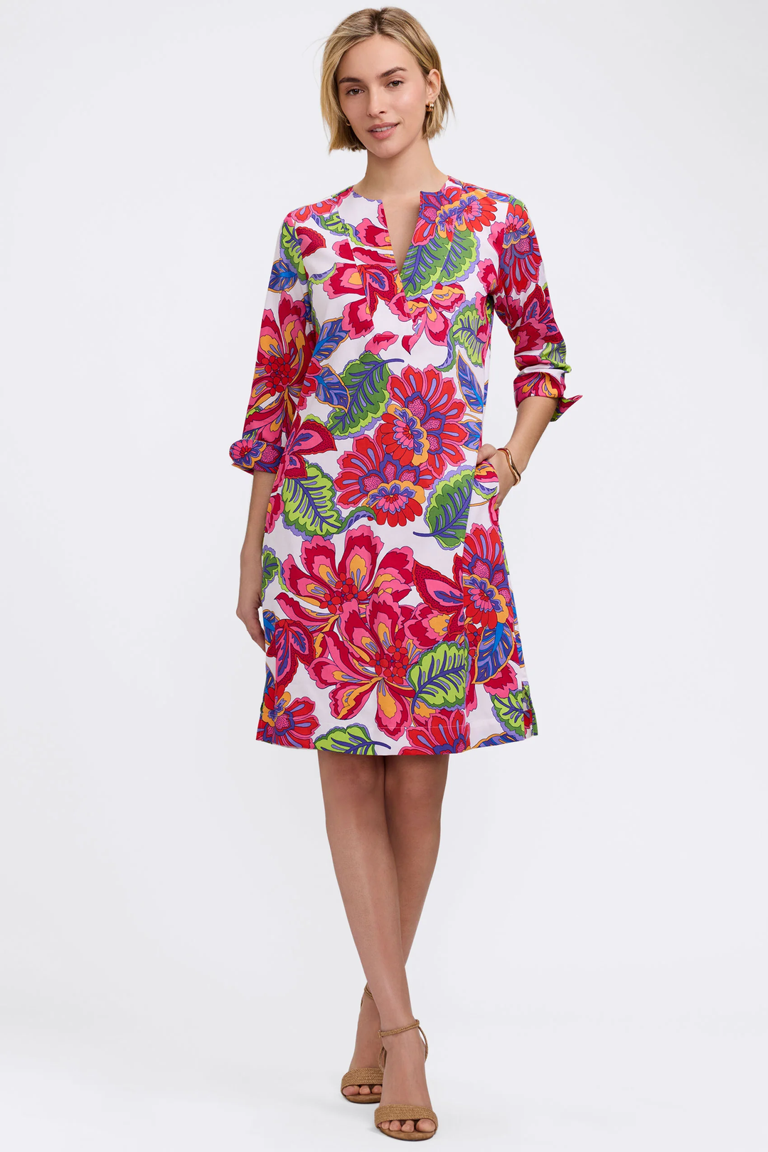 Vena Paradise Blooms 3/4 Sleeve Dress