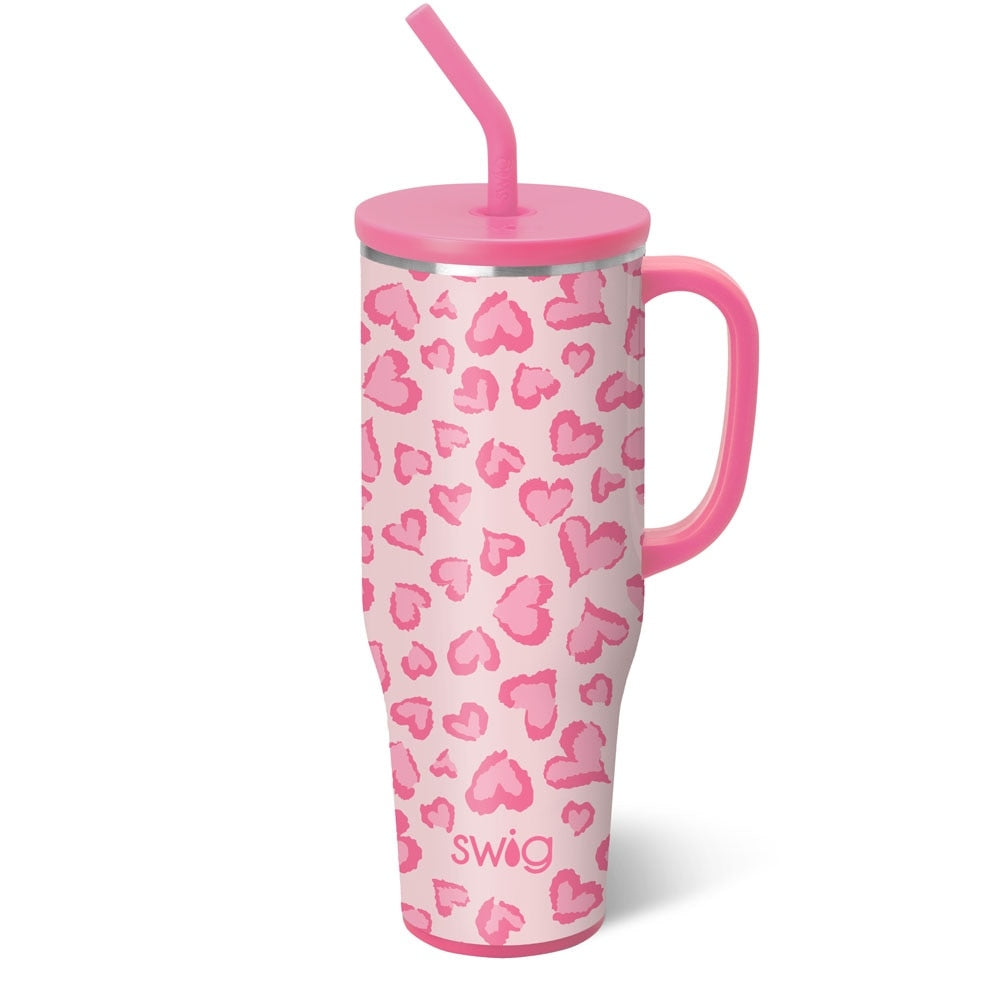 40oz Mega Mug in black with a comfort-grip handle, triple-insulated stainless steel body, and flexi-tip straw.