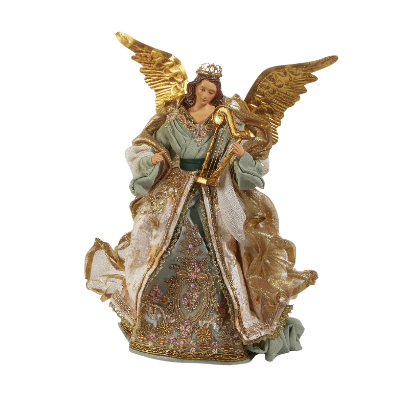 16-inch Victorian angel tree topper with gold wings, green gown, and harp.