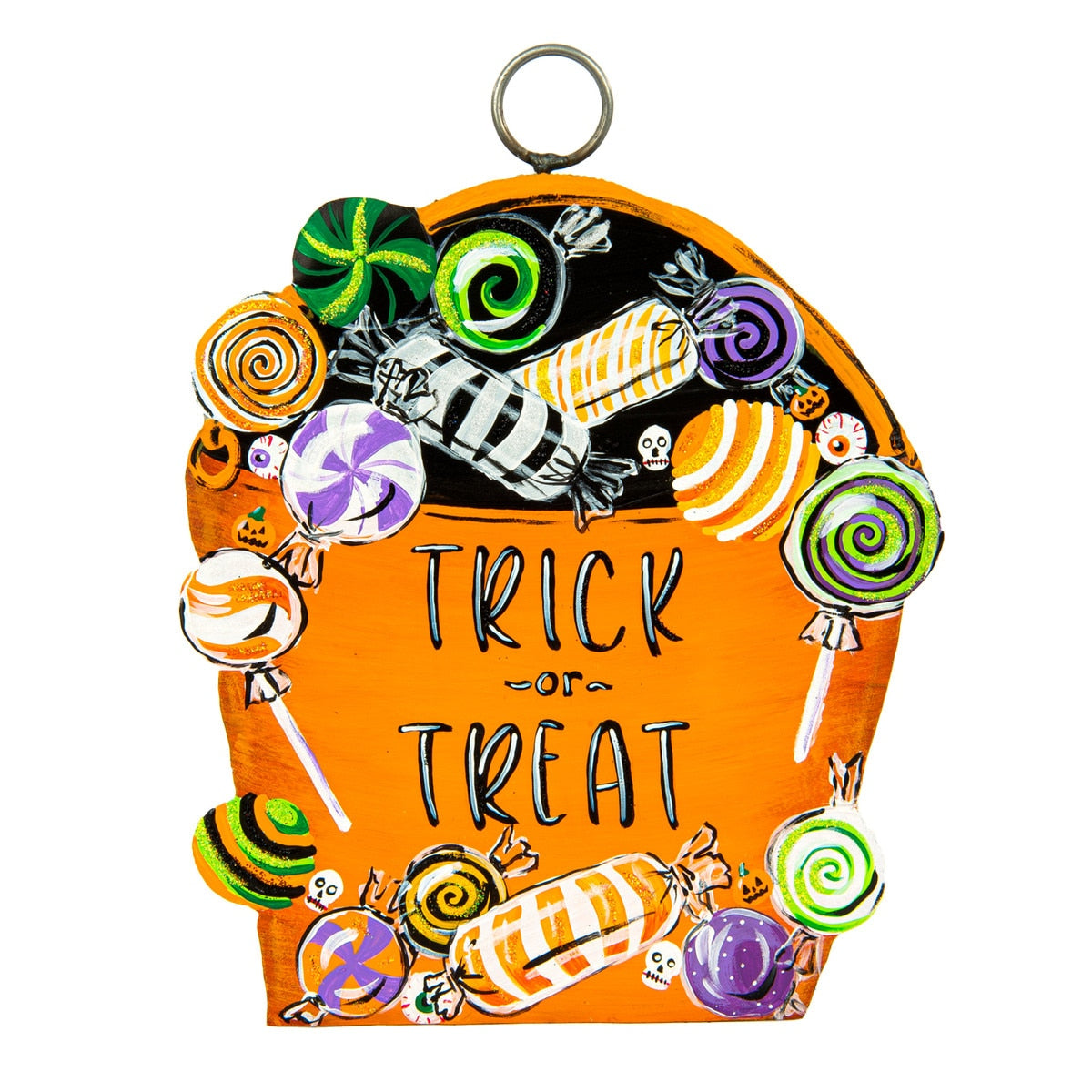 Mini Trick or Treat Bag Charm featuring colorful Halloween candy illustrations on an orange base.