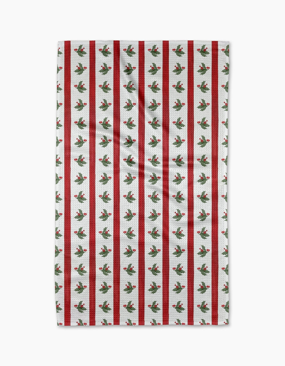 Holiday tea towel with waffle weave construction in red featuring a festive holiday pattern.