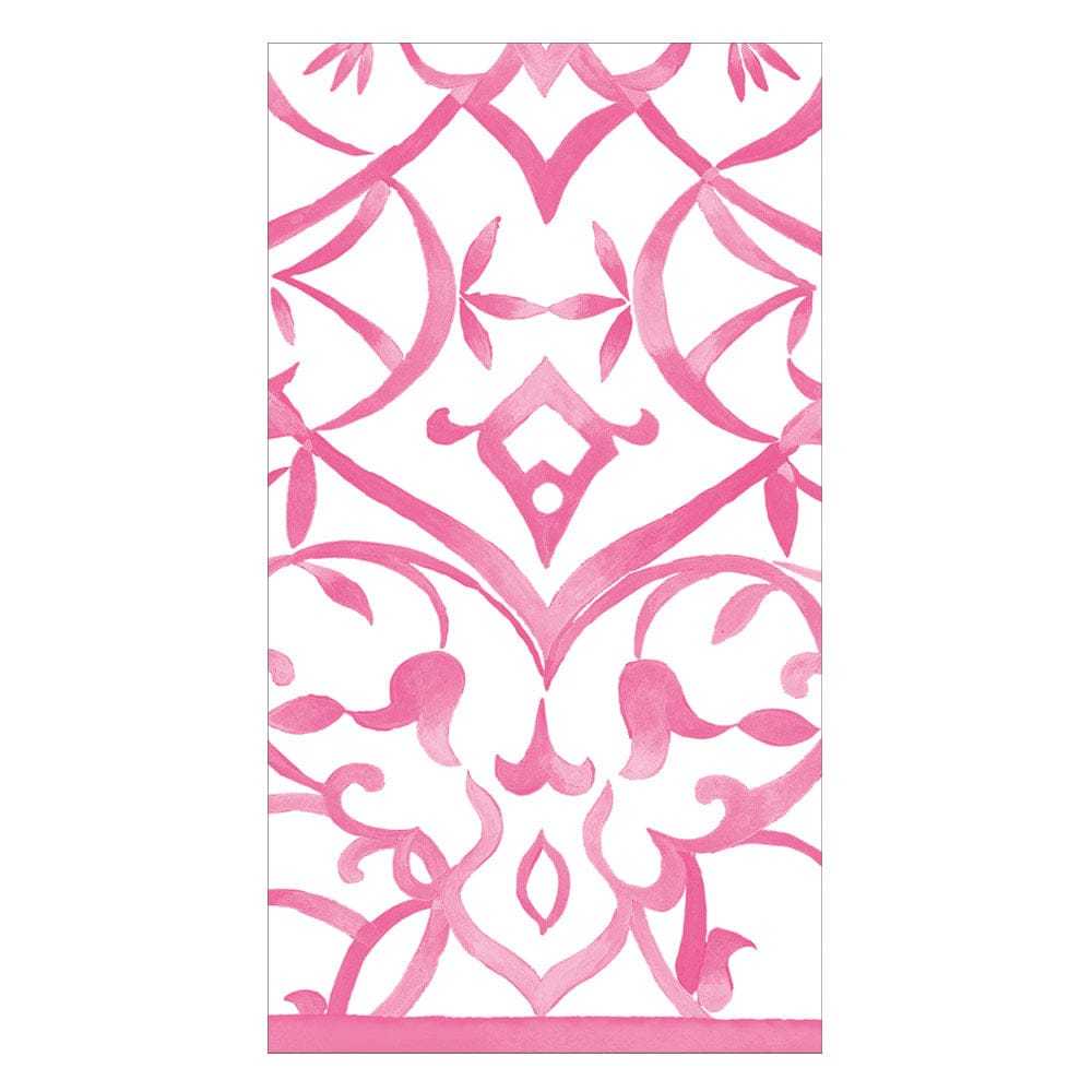 Algarve Fuchsia Paper Linen Guest Towels with pink watercolor damask pattern on white background.