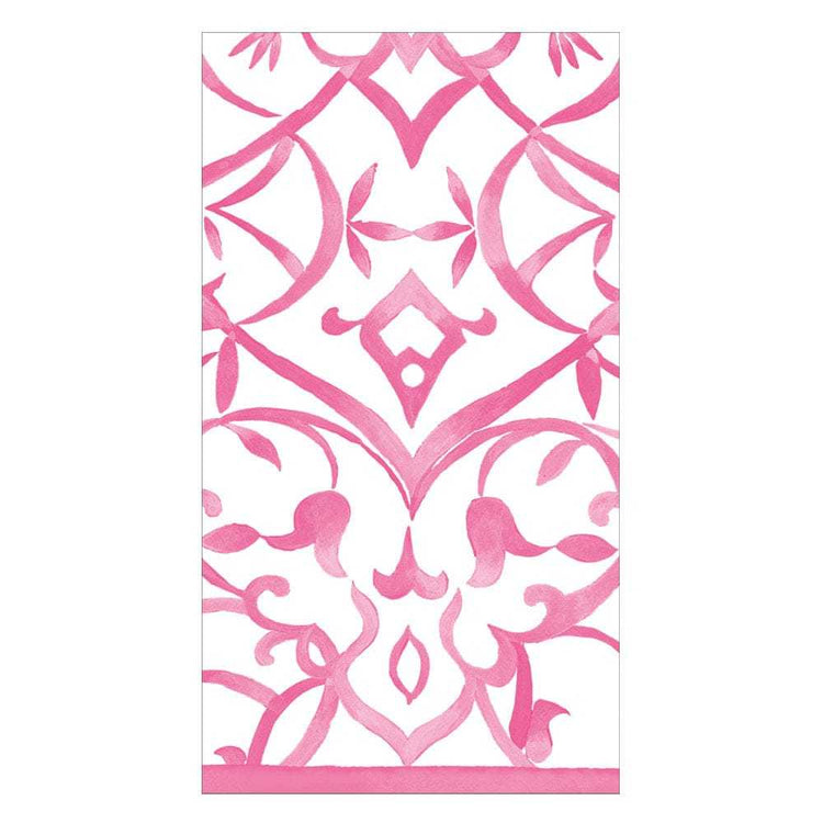 Algarve Fuchsia Paper Linen Guest Towels with pink watercolor damask pattern on white background.