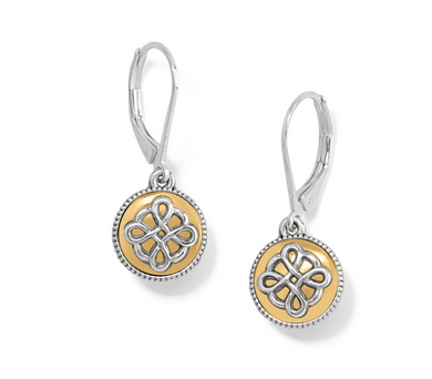 Silver-gold two-tone leverback earrings with a post closure.