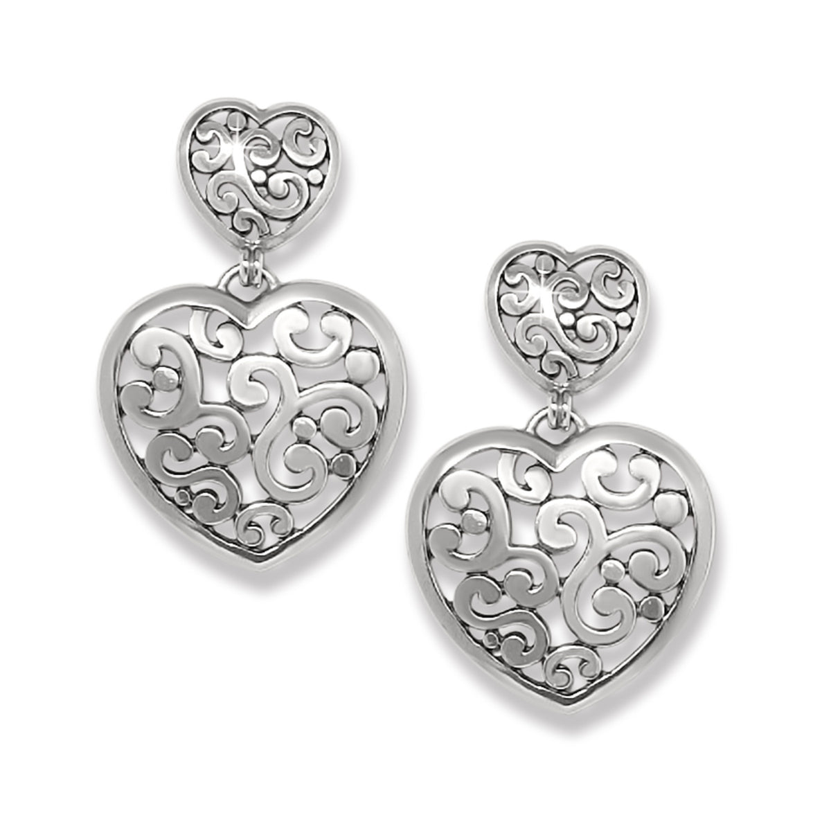 Gold plated heart shaped drop earrings with double post backs