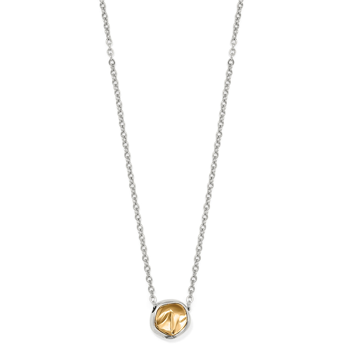 Cascade Round Petite Necklace featuring a two-tone silver and gold organic-shaped pendant.