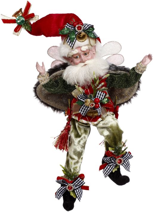 Christmas Spirit Fairy with red hat, green coat, and velvet pants, adorned with bells and bows.