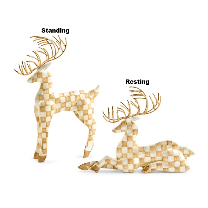 Mocha Check Capiz Deer in standing and resting poses with golden antlers and checkered patterns.