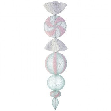 40-inch iced mixed candy finial ornament with pink and white glittered spheres and candy shapes.