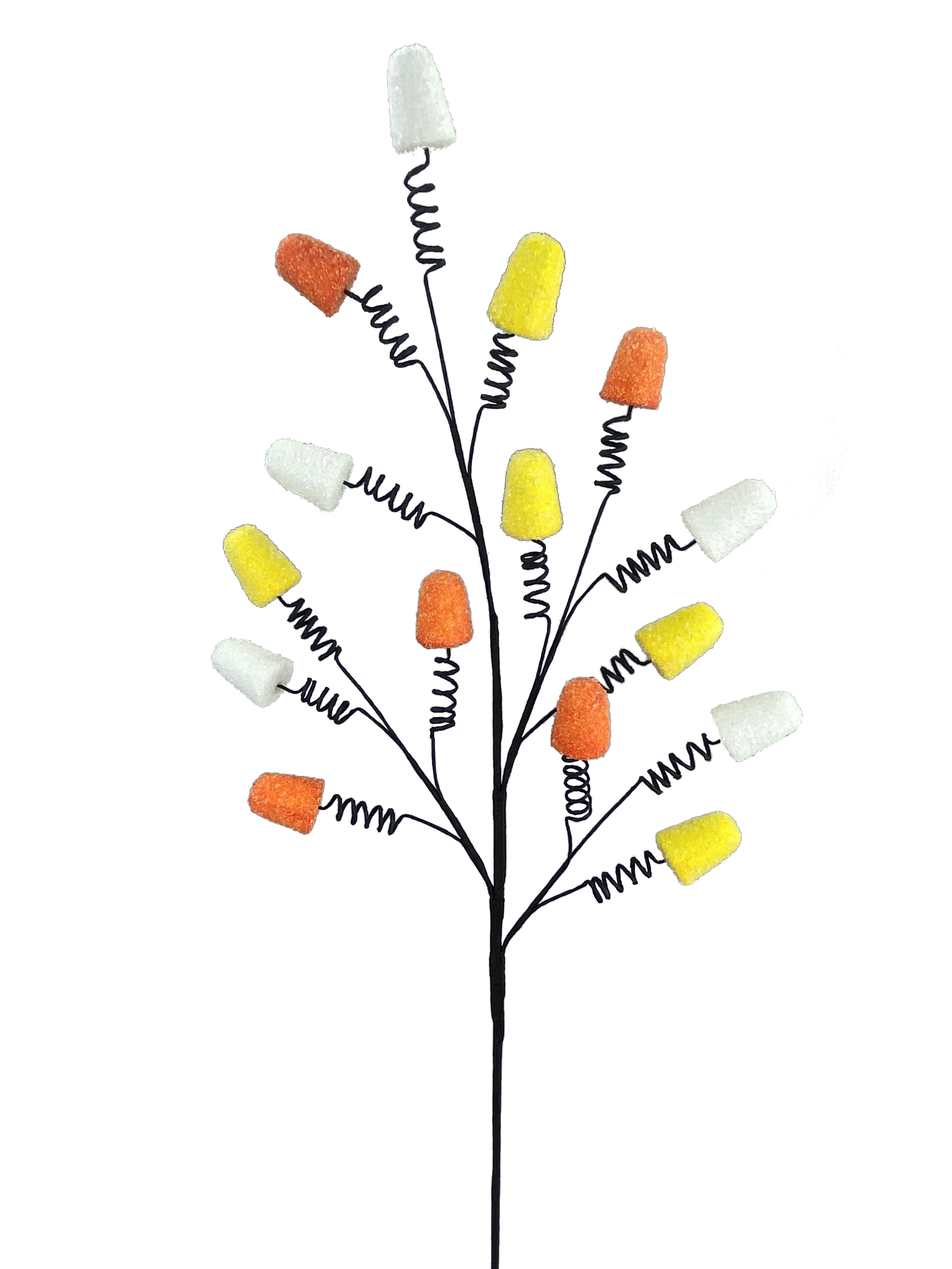 Gumdrop spray with white, orange, and yellow sugared gumdrops on black coiled wire branches.