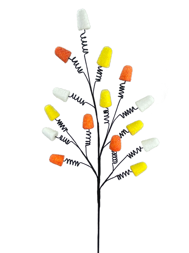 Gumdrop spray with white, orange, and yellow sugared gumdrops on black coiled wire branches.