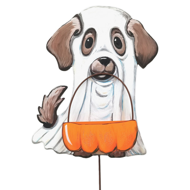 Large metal garden stake featuring a puppy dressed as a ghost holding an orange pumpkin basket.