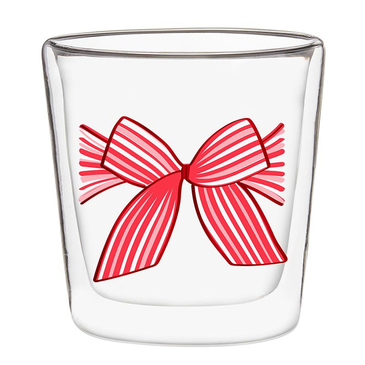 Double-wall glass DOF cup featuring a red and pink striped bow design on the front.