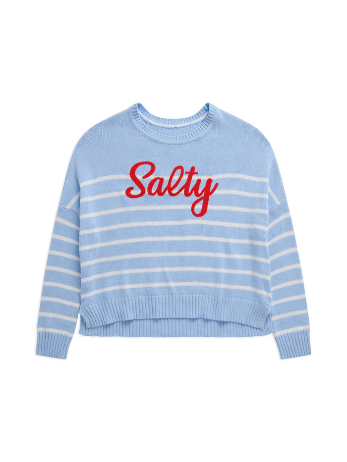 Kathrine Salty relaxed fit pullover sweater in soft knit with drop-shoulder silhouette and playful lettering stripes.