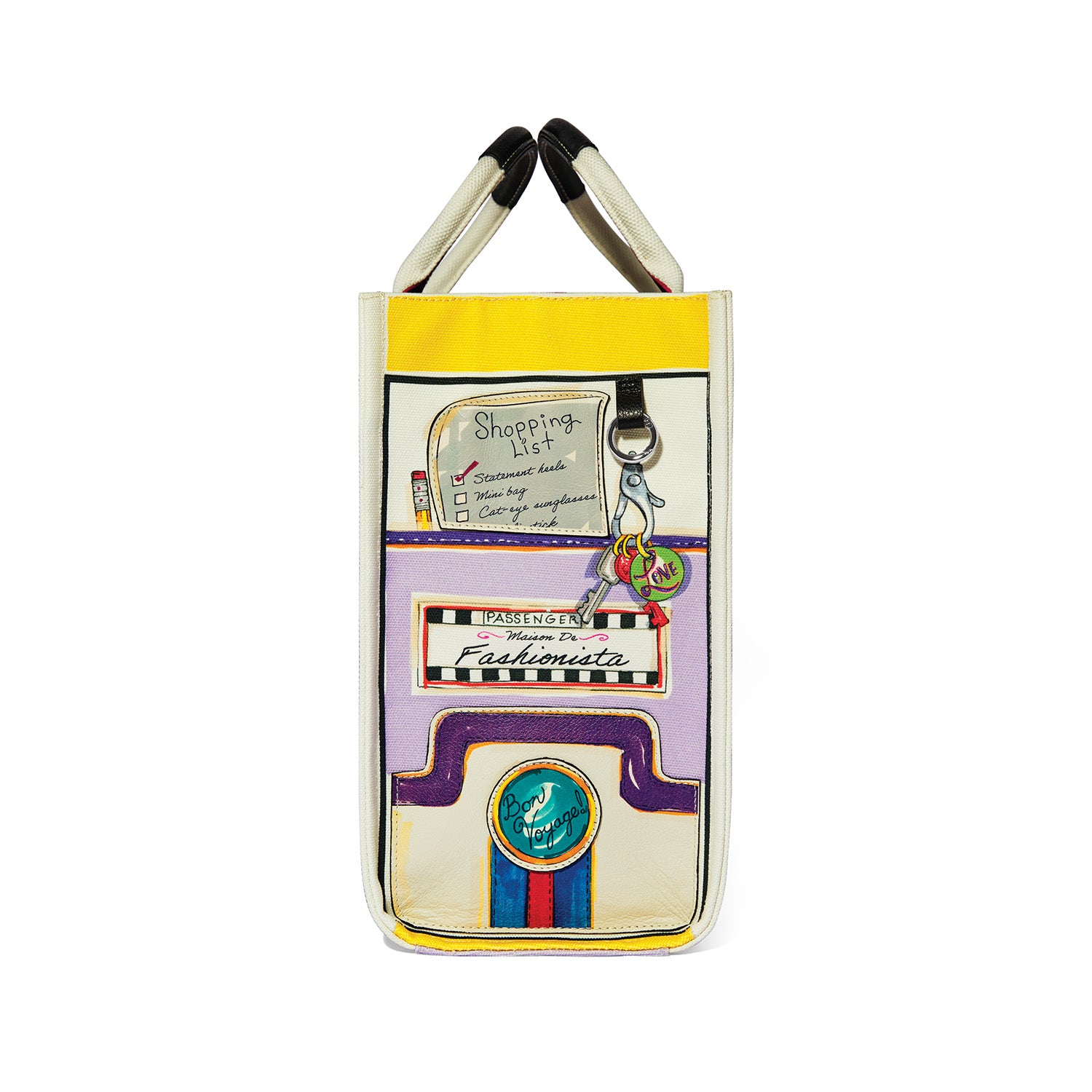 Side view of a large canvas tote with colorful travel-themed artwork and a shopping list design.