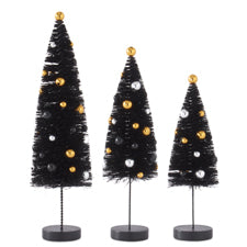 Set of 3 Black Bottle Brush Trees on Spindle w/Black Silver & Gold