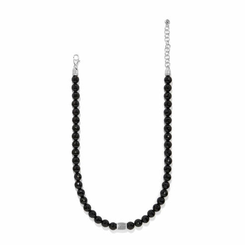 Meridian Solis necklace with faceted black onyx beads, silver-plated lobster claw, and crystal charm