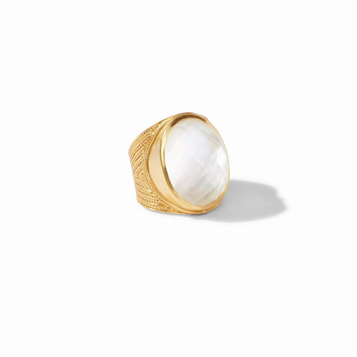 Verona Statement Ring in 24K gold plate with a large rose cut white gemstone and chevron detailing.