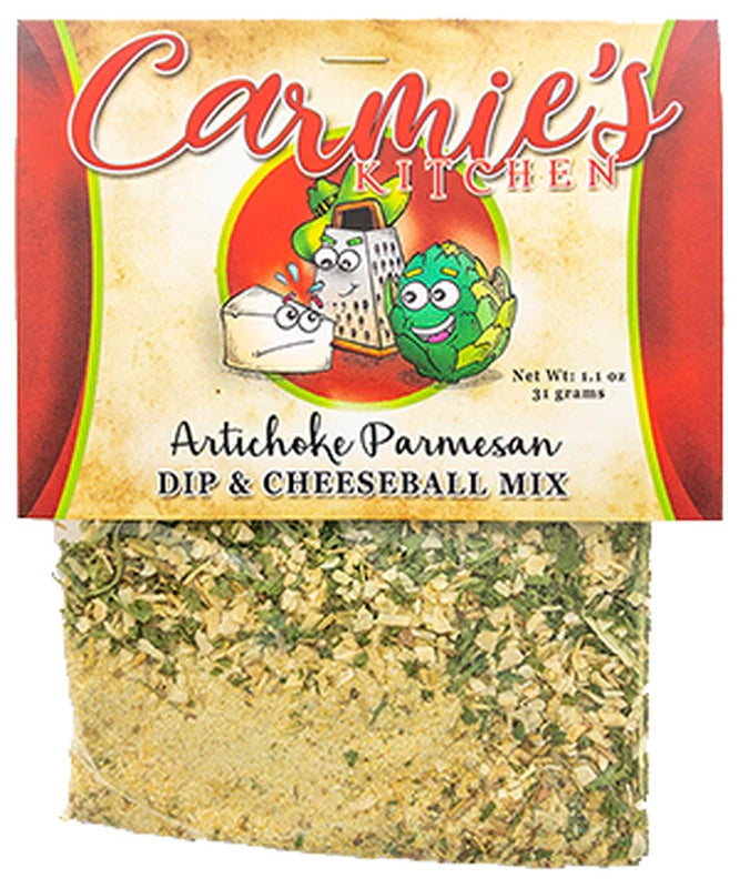 Carmie's Kitchen Artichoke Parmesan Dip and Cheeseball Mix in a clear packet with a paper header.