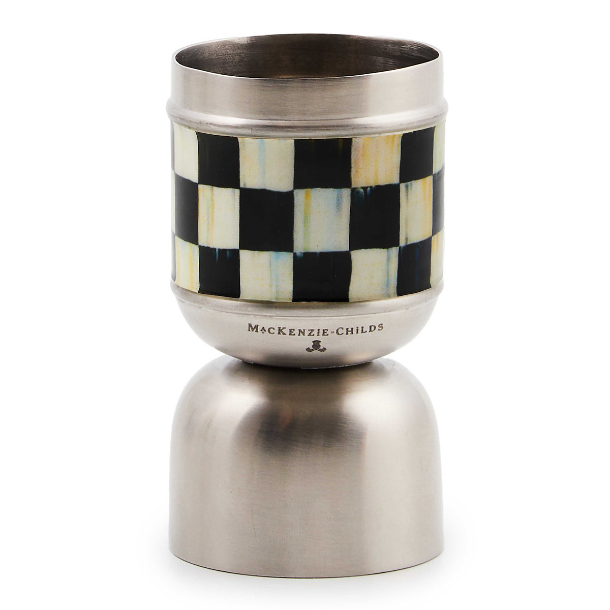 Double-sided stainless steel jigger with clear enamel coating in Courtly Check pattern
