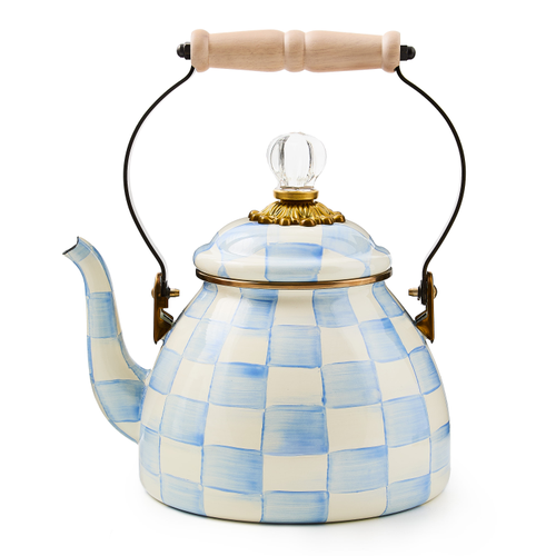 Hand-glazed steel tea kettle with Sky Blue Check pattern, wood handle, brass accents, and glass knob.