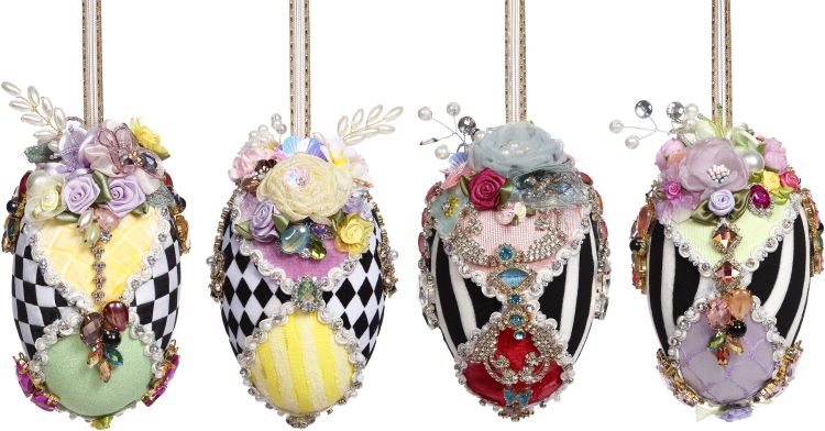 6-inch Harlequin egg ornament with jewelled floral patterns on fabric-covered foam and ribbon hanger