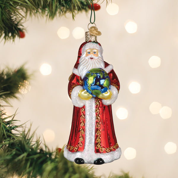 World Peace Santa ornament with a red suit holding an olive branch against a white background.