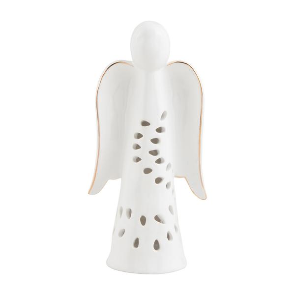Ceramic tea light lantern with electroplate metallic wings and cut-out detailing.