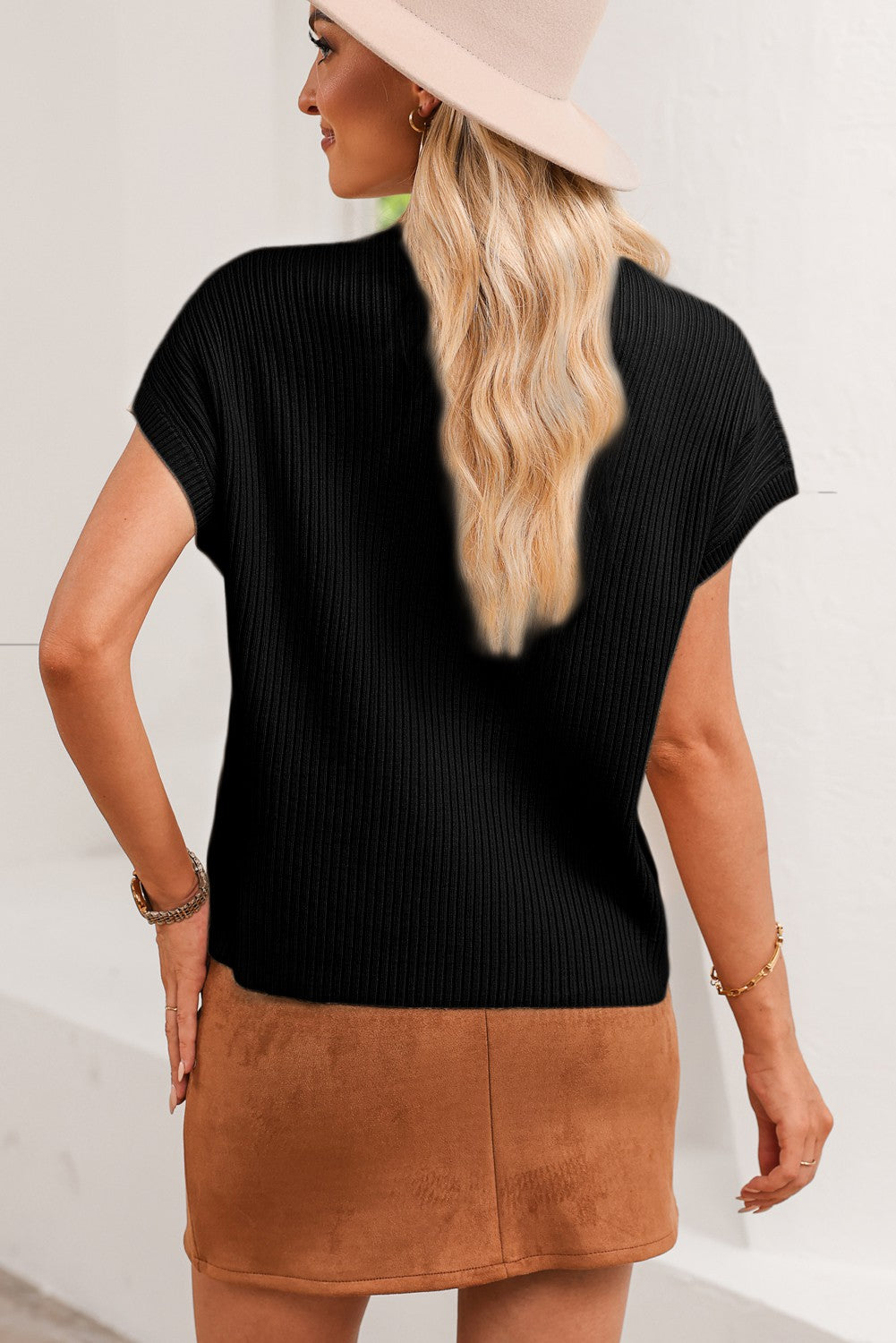 Melissa ribbed knit short sleeve sweater in patch pocket detail with relaxed silhouette