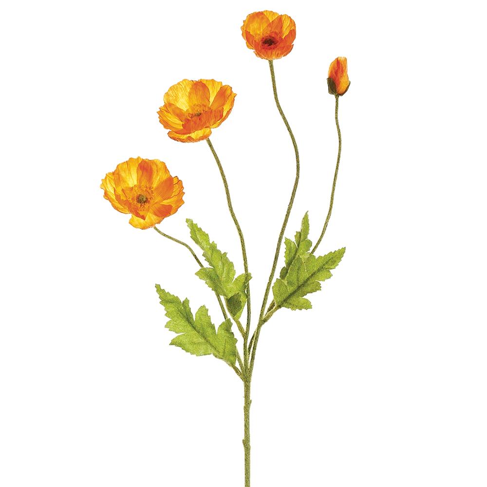 Poppy spray floral arrangement with red fabric petals on wire stems.