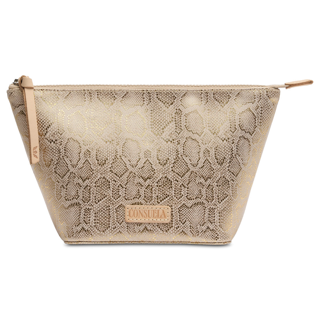 Leah large tool kit with metallic exterior, vinyl interior, natural leather zipper pull, and logo accent.