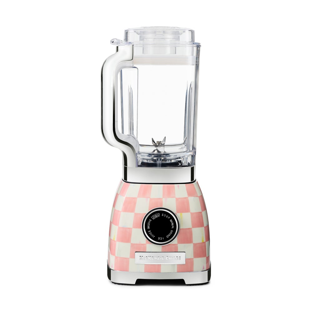 Rosy Check Blender with a pink and white checkered base and a clear Tritan pitcher.