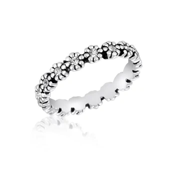 CZ Flower Stack Ring in silver-tone metal with a delicate floral pattern featuring clear cubic zirconia stones.