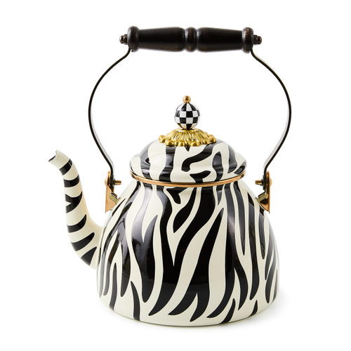 Zebra tea kettle with hand-applied zebra transfers on steel body, wood handle, and glass finial.