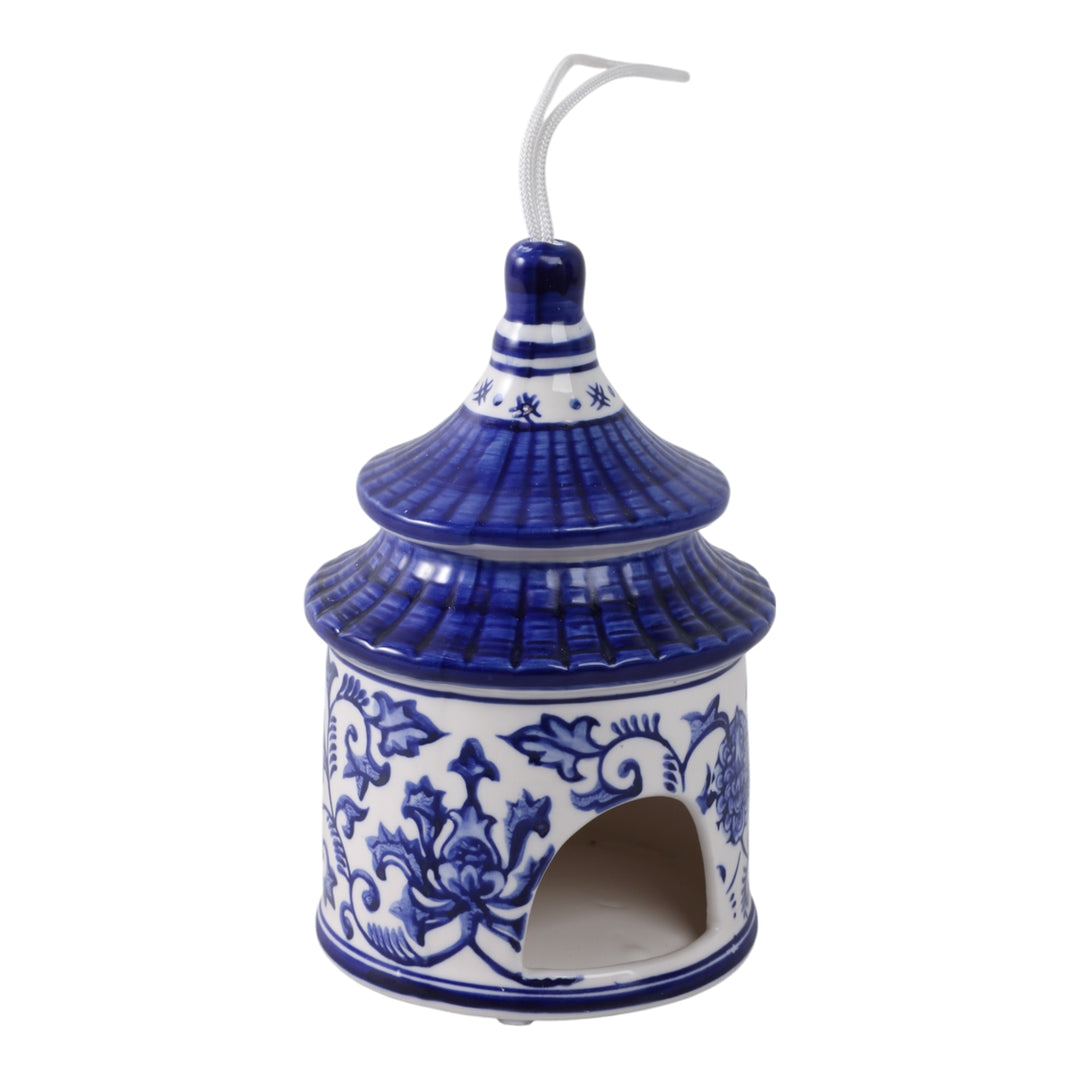 White/Blue Ceramic Chinoiserie Pagoda Bird House