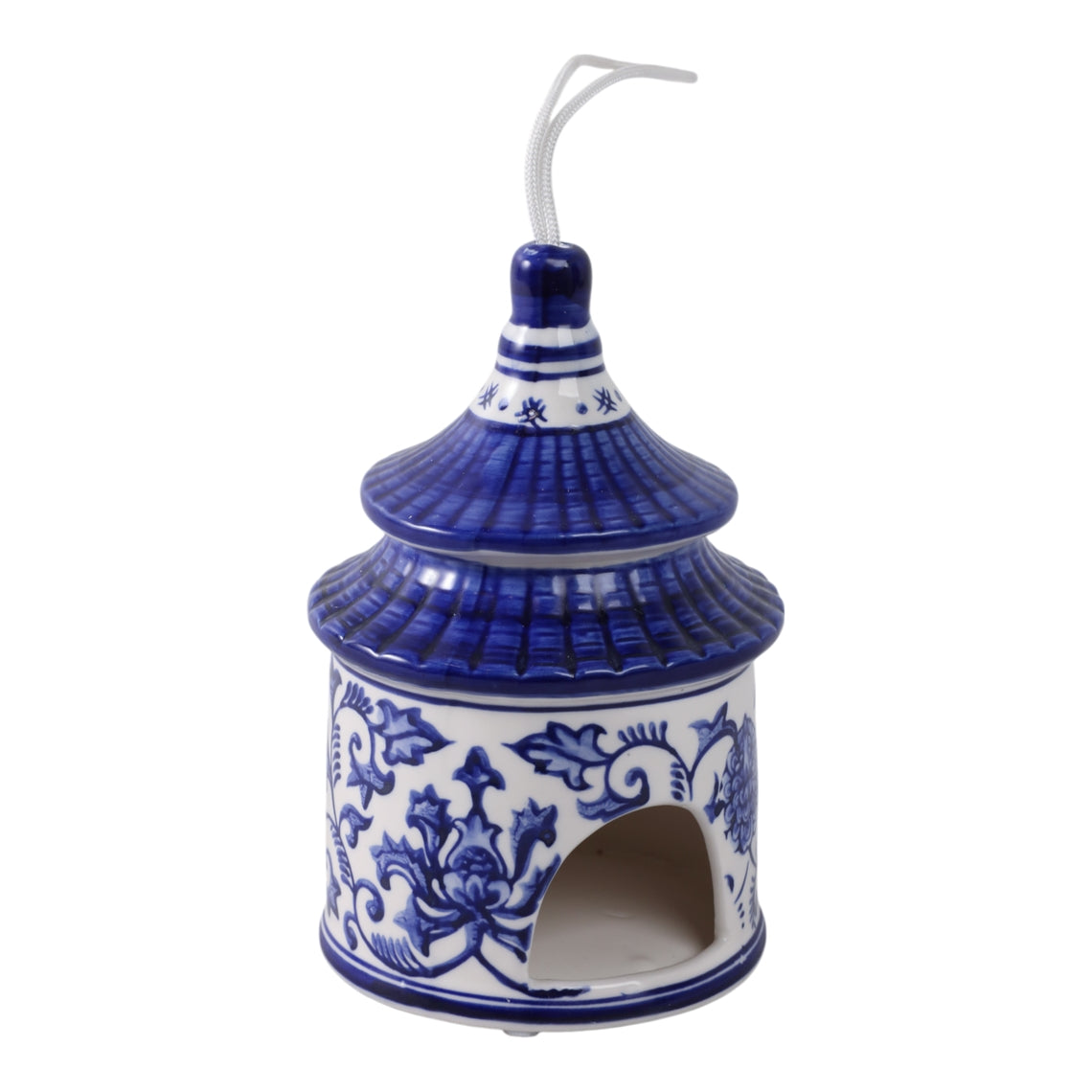 White and blue ceramic pagoda bird house with Chinoiserie floral patterns and a hanging cord.