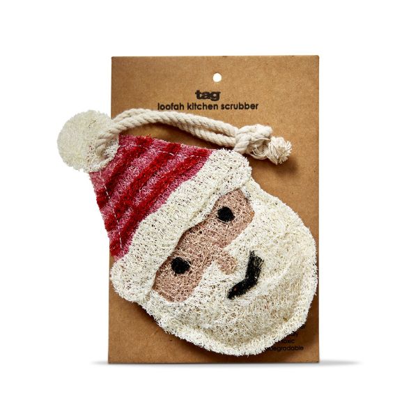 Santa-shaped loofah scrubber with red fabric body, white trim, and black facial features.