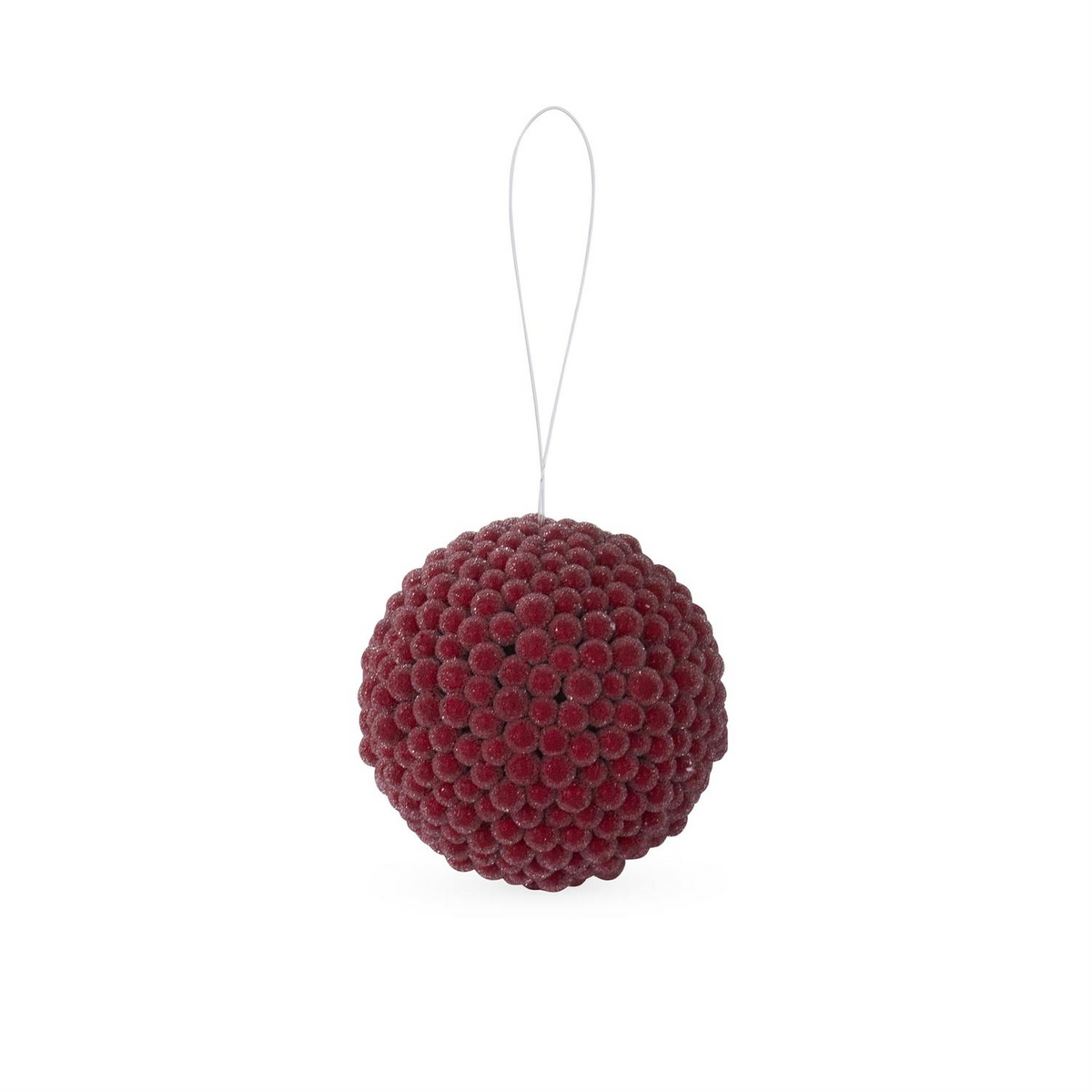 4.25 inch round Christmas ornament covered in small, icy red berries with a white hanging loop.