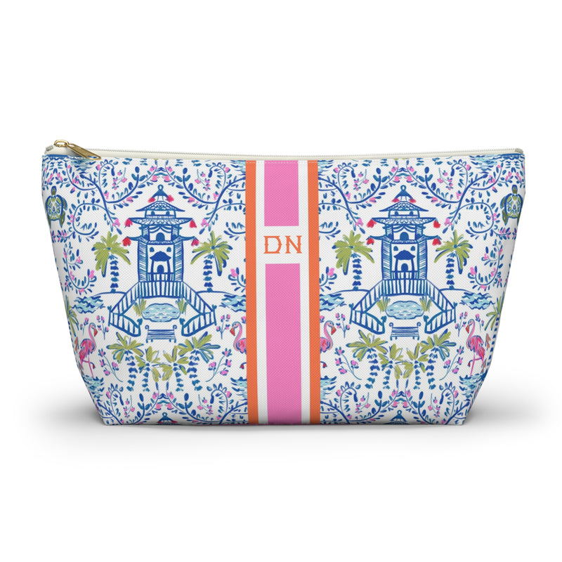 Mahjong Tile Pouch with blue pagoda pattern, pink and orange stripes, and DN monogram.
