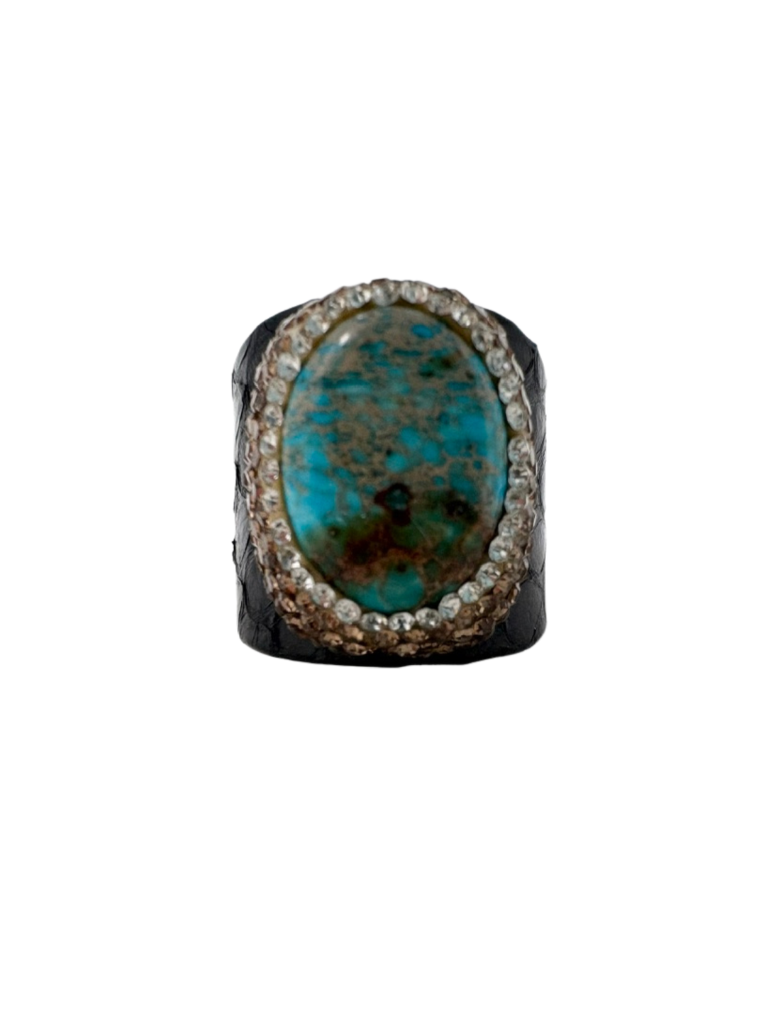 Queen of Sheba fashion ring featuring a large oval turquoise stone with a crystal halo.