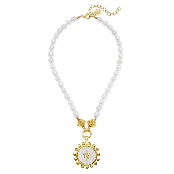 Triple-plated gold necklace with a freshwater pearl and Mother of Pearl Fleur de Lis pendant on an 16-inch chain.